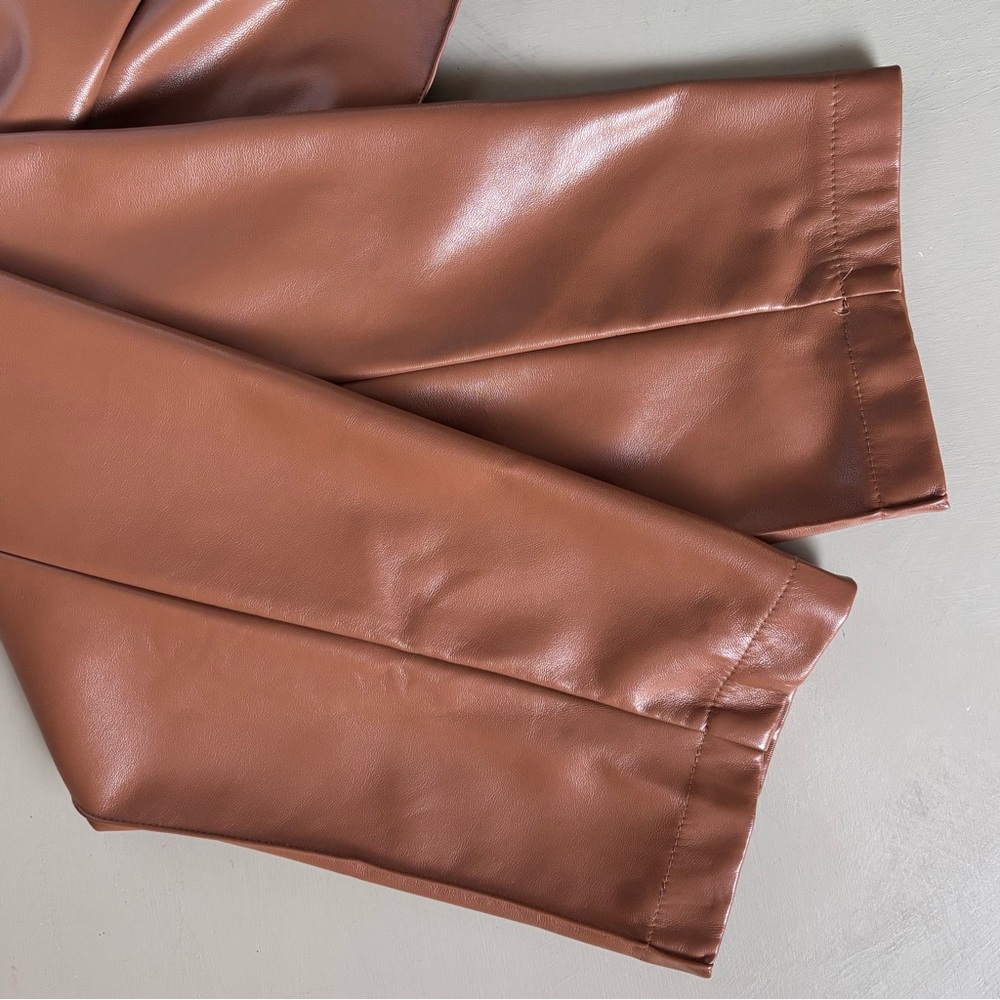 Anthropologie D' Amelie Paris Sleek Cognac Faux Leather Wide Leg Trousers Pant - Picture 7 of 12